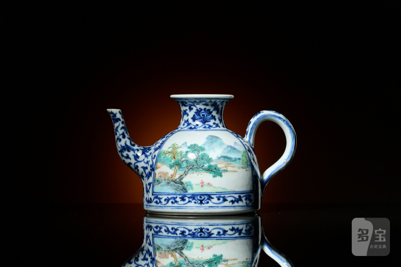清乾隆 唐英製青花开光粉彩山水高士赏游诗意图茶壶 - 图12